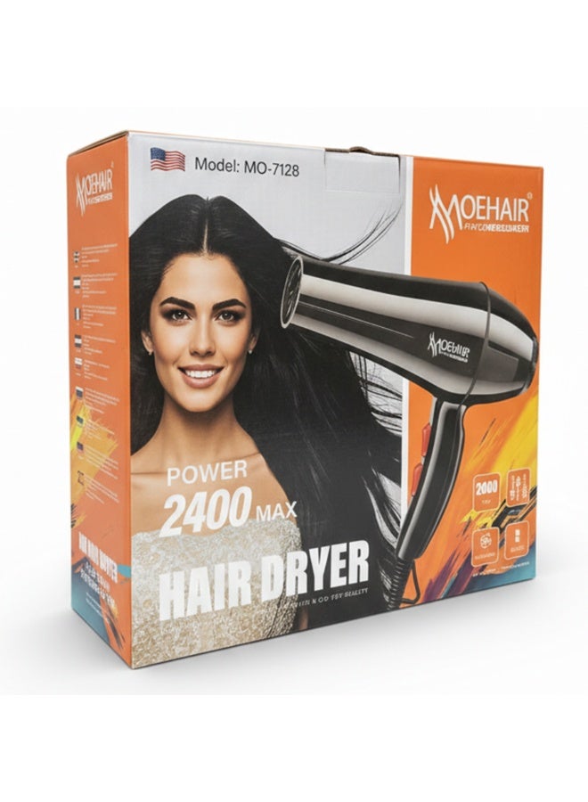 MoeHair MO-7128 Professional Hair Dryer for Women, 2400W Quiet DC Motor, 2 Heat Settings, Hot & Cold Air with Cool Shot, Overheat Protection, Detachable Nozzle for Home & Salon Use - Image 2